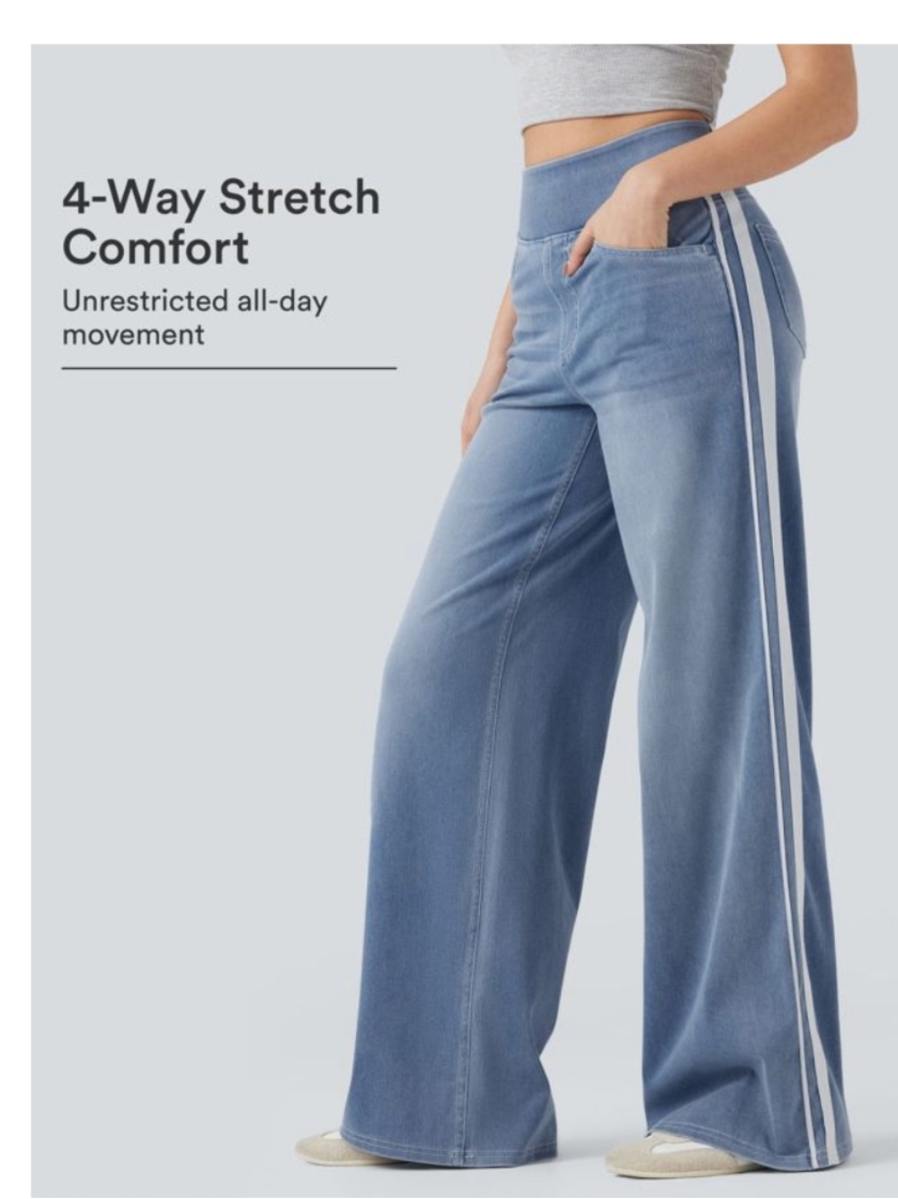 HALARA Light Blue Wide-Leg Jeans with White Side Stripes